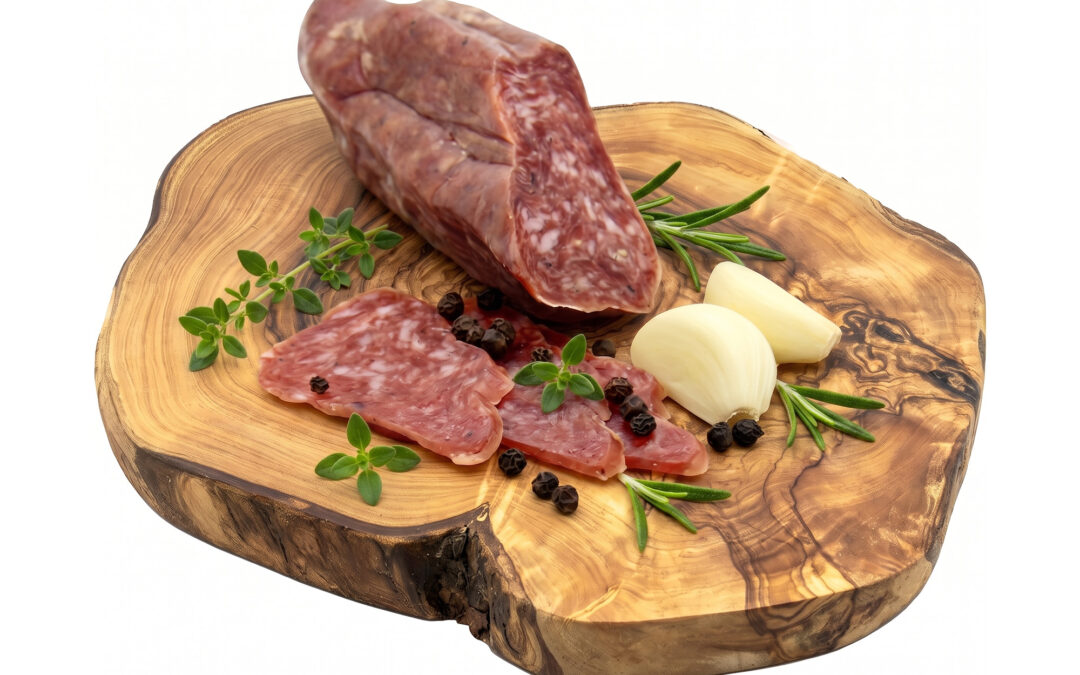 Sliced salami on a wooden cutting board with garlic cloves, rosemary, thyme, and black peppercorns nearby.