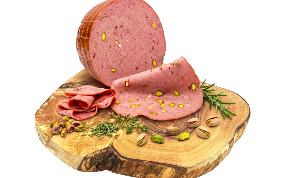 Mortadella loaf with pistachio pieces on a wooden board, with slices fanned out and herbs nearby.